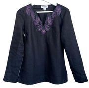 BROOKS BROTHERS | black with purple embroidered long sleeve linen top Size 2