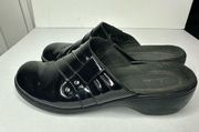 Clarks Women 8.5 Black Patent Leather Prairie Flower Slip On Mule Slide Shoes