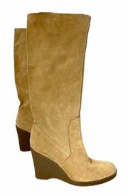 Tan Suede Raw Edge Wedge Boots