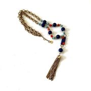 Talbots long gold tone blue orange beaded lariat necklace