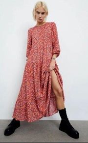 Bohme XS Orange Ditsy Floral Cottage Core Peasant Midi Long Sleeve Dress