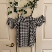 Off shoulder blouse with shoulder spaghetti straps ~ black & White plaid