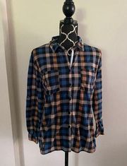 EUC Eden & Olivia Blue and Orange Plaid Button Down Long Sleeve Shirt size m