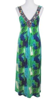 BORDEAUX Los Angeles Blue Green Beaded Maxi Dress Women’s Size Medium