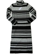 NWT Lou & Grey Striped Turtleneck in Black Gray Midi Maxi Sweater Dress 2XS XXS