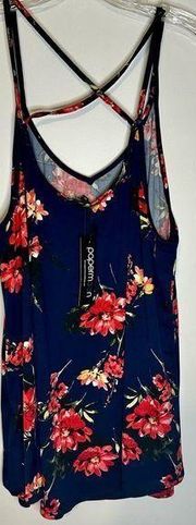 PAPERMOON Navy Blue Red STRAPPY Floral Tank Top Size 2X SOFT Spandex Plus Size