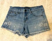 Eunina Mid Rise Shortie Denim Shorts With Flowered Embroidery