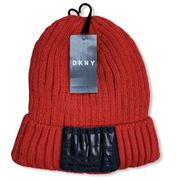 DKNY Fleece Lined Knit Beanie Hat Red New One Size