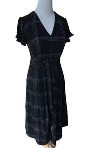 ANN TAYLOR LOFT LADIES STRETCHY VNECK SS BELTED MIDI BLACK PLAID DRESS NWT 00