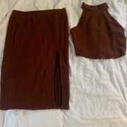 Brown Matching Set w/ high neck top and slit brown fitting skirt