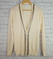 Chain Cardigan Sweater Medium Womens Vneck Button Down Silver Cream