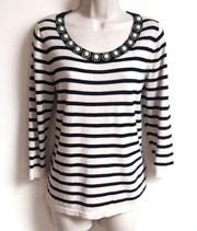 August Silk vintage pearl striped 3/4 sleeve scoop neck pullover sweater small