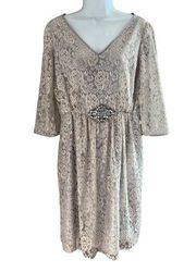 Badgley Mischka 100% Silk Silver Lace ¾ Sleeve Dress Jeweled Waist size M