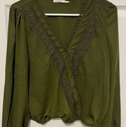 Mi ami green long sleeve faux wrap blouse in medium