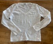 TALBOTS Petite White Cable Knit V Neck Sweater Long Sleeve Medium 100% C…