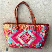 Patricia Nash Ribeira Straw Tote Spanish Market Sequins Tan Multi