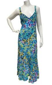 ZARA Floral Print V-Neck Midi Dress Sleeveless Flowy Side Slit Small Blue