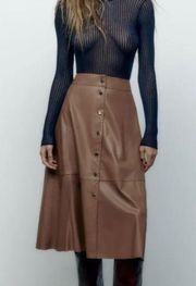 ZARA  New Taupe Brown Faux Leather Midi Skirt Size M