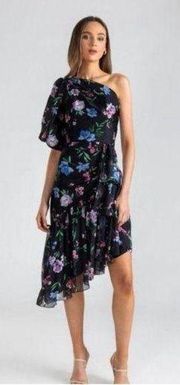Shoshanna Midnight Gia One Shoulder Silk Floral Dress, Black Size 8 Retail $595