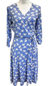 Soft  Surroundings Paradise Dove Bird Dress Blue Size S Belt Tie 3/4 Sleeve