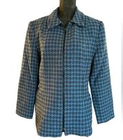100% Wool Shell  Zip Front Blue Houndstooth Lined Blazer Size 14