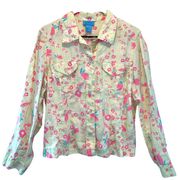 Sigrid Olsen So Blue Yellow Floral Print Button Front Vintage Shirt size Large