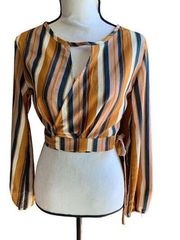 Favlux Cropped Wraparound Tied Blouse Striped Green Gold Bubble Sleeve Wmn Small