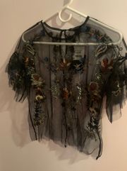 Black Boho Flower Mesh Top