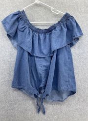 Planet Gold Blue Off The Shoulder Chambray Tie front Size Large