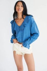 Free People Amber Ruffle Top Button Down Blue