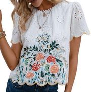 Orange Creek Eyelet Floral Embroidered Scalloped Hem Top Large