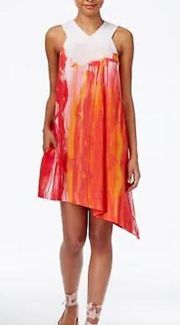 Asymmetrical Sleeves Coral Pink Abstract Ombré Dress Size S
