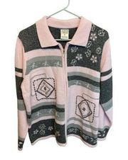 Allison Daley 90s Vintage Full Zip Cottage Patchwork Pink Long Sleeve Sweater 1X