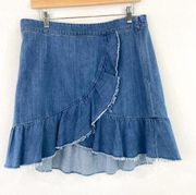 PAIGE Women's Chambray Ruffle Mini Skirt size Large Faux Wrap