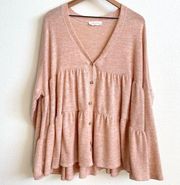 American Threads Pink Oversized Tiered Babydoll Button Front Sweater Women's L