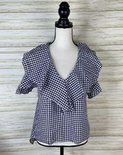 Amanda Uprichard Blue Gingham Cold Shoulder Blouse