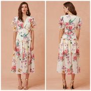 Keepsake Women's About Us V-Neck Floral Ruffle Trim Midi Dress Size Small