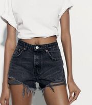 ZARA  Button Fly High Rise Cut Off Denim Distressed Jean Shorts Casual Black 6