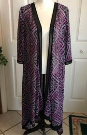 black and purple print kimono style robe