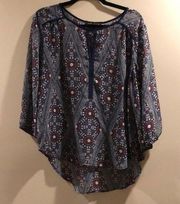 Como Black Boho Geometric Print 3/4 Sleeve Tunic Size PL