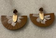 Massini earrings Fringe faux leather feather Brown gold accent stud earrings