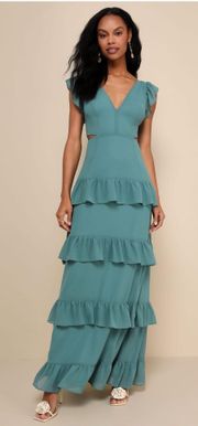 Elegant Mentality Teal Blue Ruffled Tiered Cutout Maxi Dress