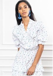 The Shirt Rochelle Behrens White Cotton Blue Floral Ruffle Trim Mini Dress Small