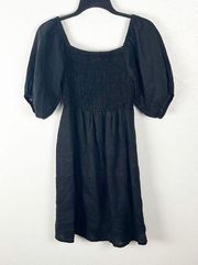 AURA Classic Black 100% Linen Smocked Top Puff Elastic Cuff Sleeve Dress, Medium