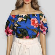 Cupcakes & Cashmere Linen Blend Floral Puff Sleeve Crop Top Blue Tropical Size S