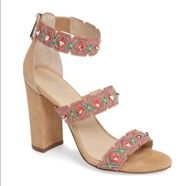 BOTKIER GIGI PINK EMBROIDERED CHUNKY BLOCK ANKLE STRAP STUDDED HEELS 7