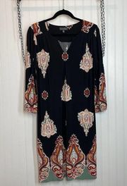 NWOT Luxology Womens Black V-Neck Long Sleeves Shift Midi Dress Size L