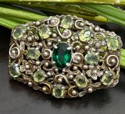 Unique Vintage Austro-Hungarian? Peridot Emerald Green Ornate Flower Brooch