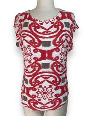 Ella Moss cap sleeve tee. relaxed fit red white abstract floral/tribal print top