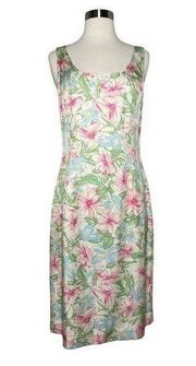 Vintage Anne Klein Floral Silk Dress Size 8 Sleeveless Cream Green Blue Pink